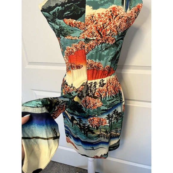 Carven Dress Asian Print Tie Wrap Scoop Neck Abstract Swoop Neck 36 8 / 10 - Picture 6 of 16